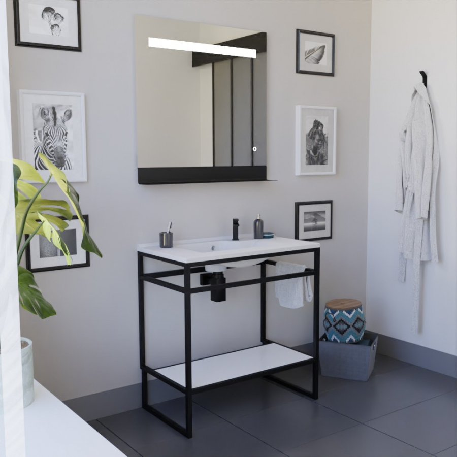 Ensemble STRUCTURA meuble salle de bain 80 cm ouvert en métal noir, étagère de rangement blanche et plan vasque en résine blanc et miroir Etal