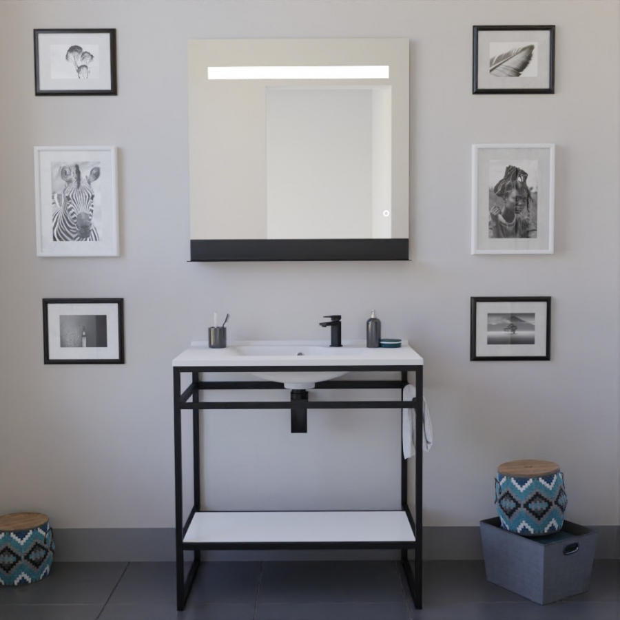 Ensemble STRUCTURA meuble salle de bain 80 cm ouvert en métal noir, étagère de rangement blanche et plan vasque en résine blanc et miroir Etal