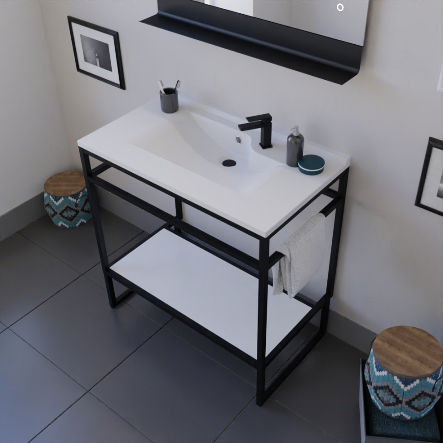 Ensemble STRUCTURA meuble salle de bain 80 cm ouvert en métal noir, étagère de rangement blanche et plan vasque en résine blanc et miroir Etal