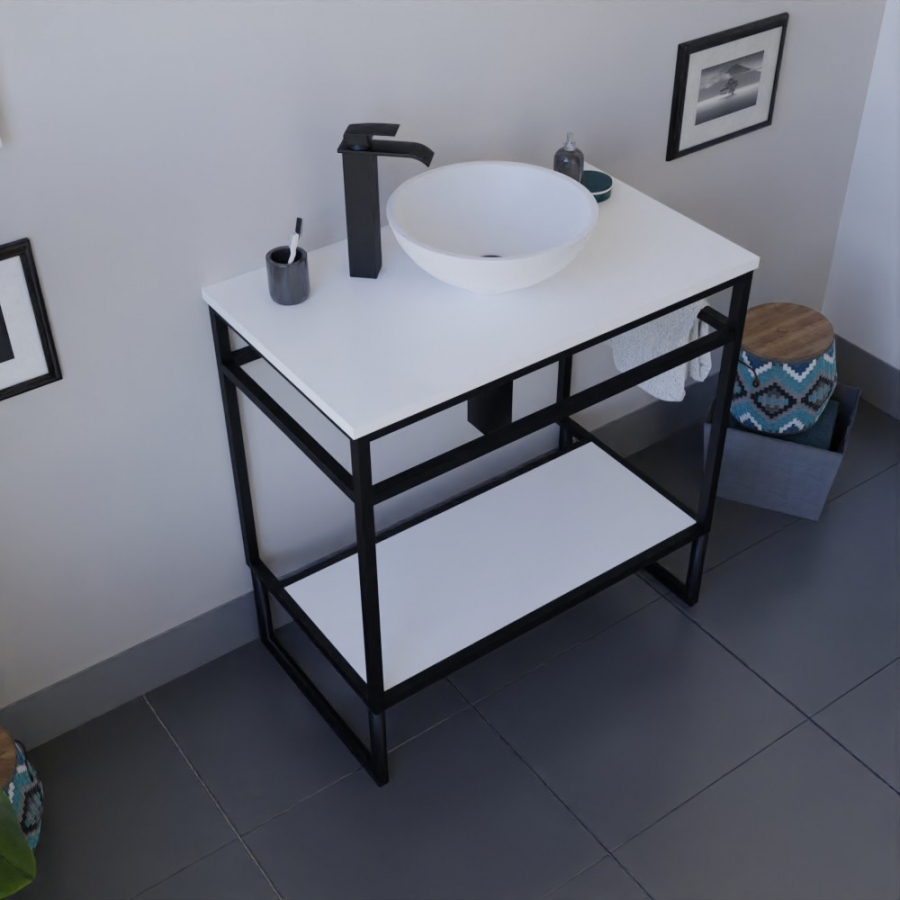 Ensemble STRUCTURA meuble salle de bain 80 cm ouvert en métal noir, étagère et plan stratifié blanc, vasque ronde à poser blanche