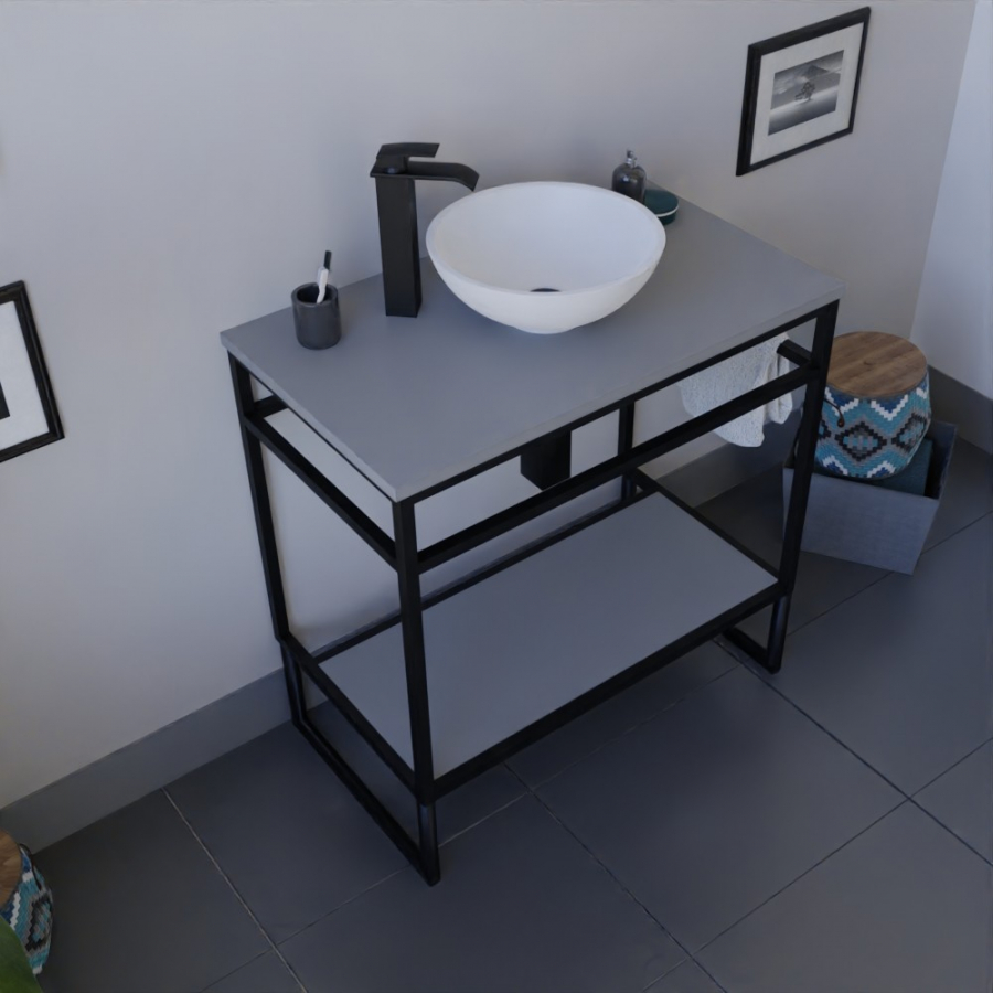 Ensemble STRUCTURA meuble salle de bain 80 cm ouvert en métal noir, étagère et plan stratifié gris, vasque ronde à poser blanche