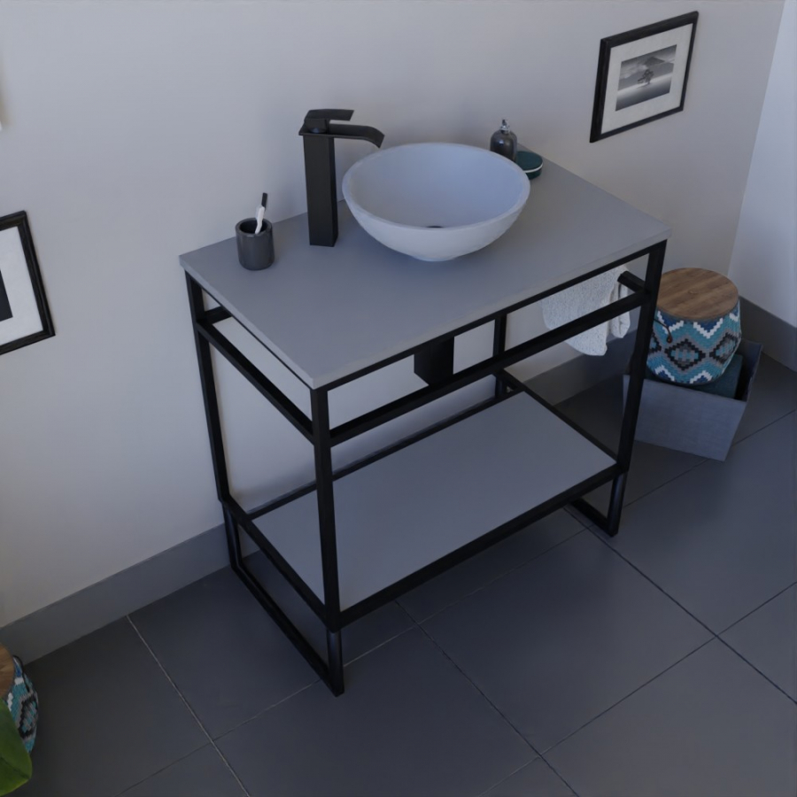 Ensemble STRUCTURA meuble salle de bain 80 cm ouvert en métal noir, étagère et plan stratifié gris, vasque ronde à poser grise