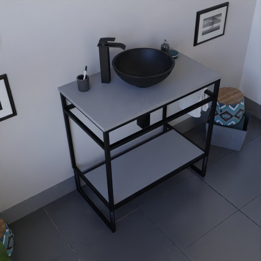 Ensemble STRUCTURA meuble salle de bain 80 cm ouvert en métal noir, étagère et plan stratifié gris, vasque ronde à poser noire