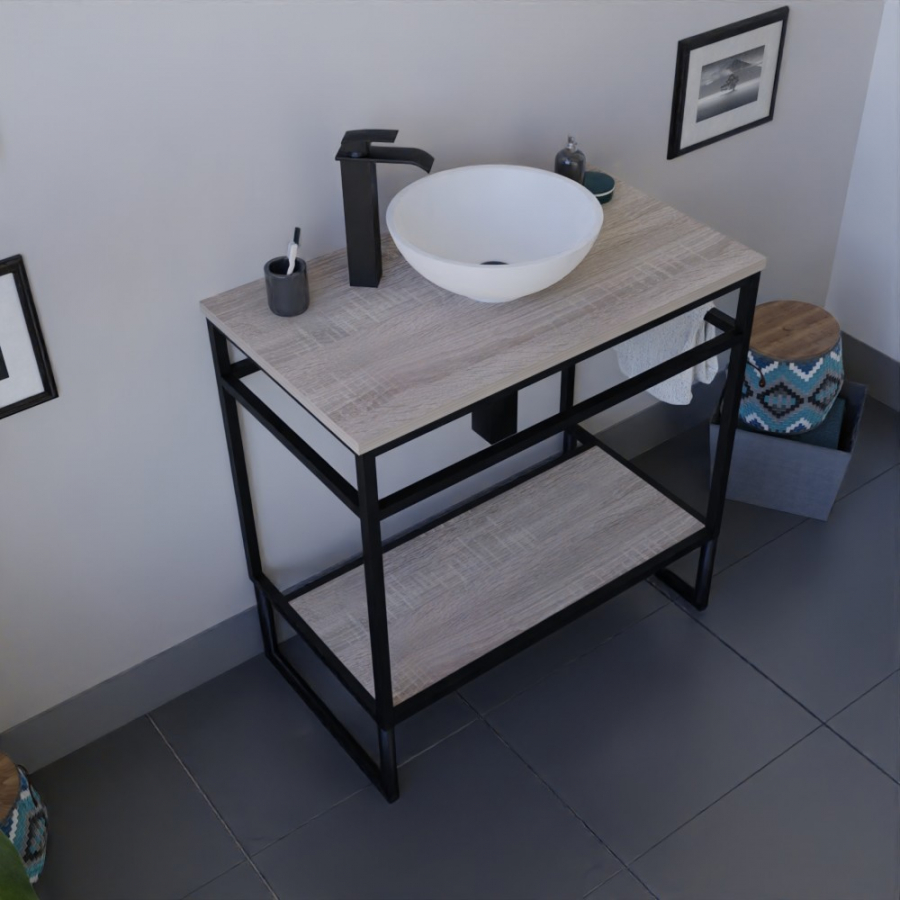 Ensemble STRUCTURA meuble salle de bain 80 cm ouvert en métal noir, étagère et plan stratifié aspect bois, vasque ronde à poser blanche