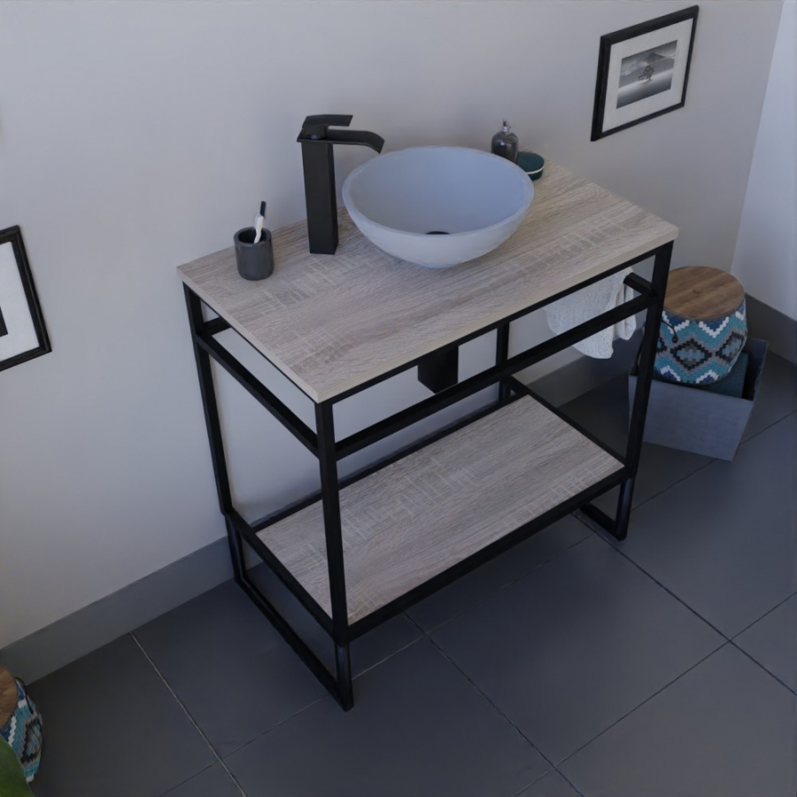 Ensemble STRUCTURA meuble salle de bain 80 cm ouvert en métal noir, étagère et plan stratifié aspect bois, vasque ronde à poser grise