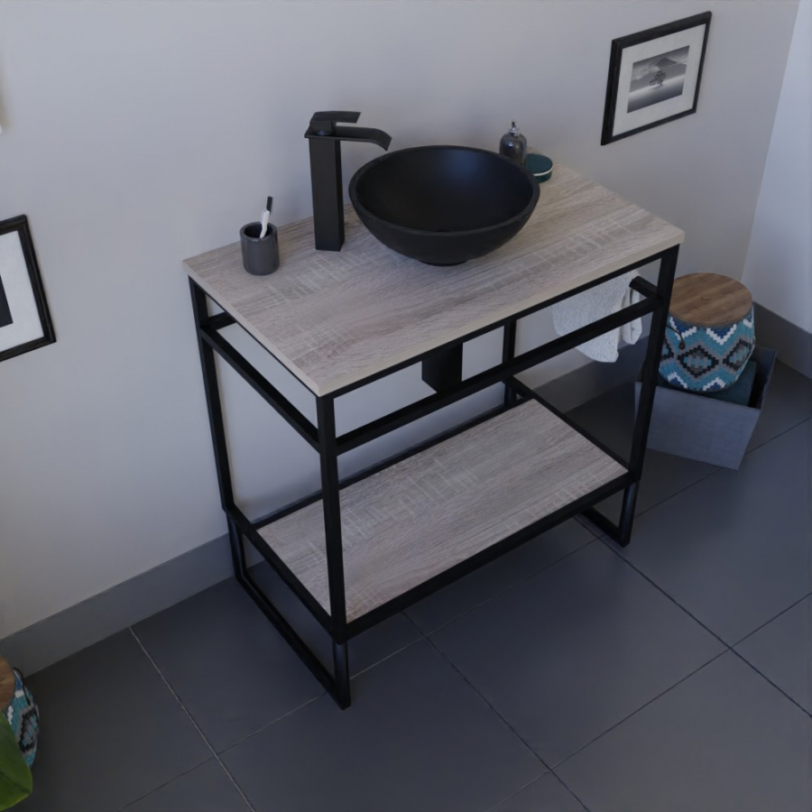 Ensemble STRUCTURA meuble salle de bain 80 cm ouvert en métal noir, étagère et plan stratifié aspect bois, vasque ronde à poser noire