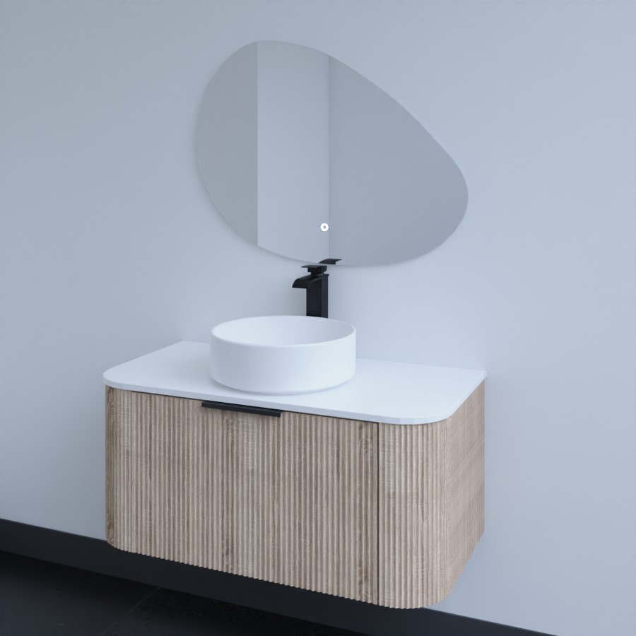 Ensemble VERTIGO meuble de salle de bain 90 cm bois strié avec plan de toilette blanc, vasque à poser ronde blanche et un miroir LED forme galet