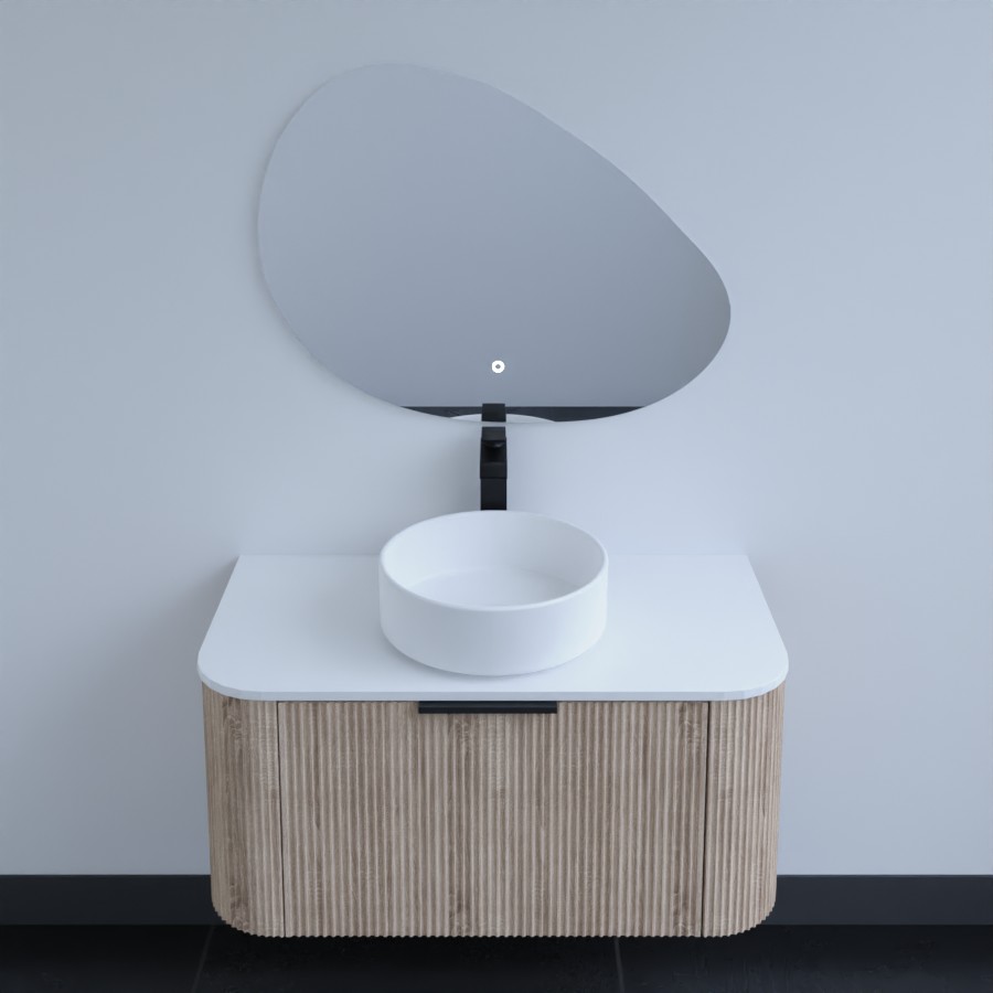 Ensemble VERTIGO meuble de salle de bain 90 cm bois strié avec plan de toilette blanc, vasque à poser ronde blanche et un miroir LED forme galet