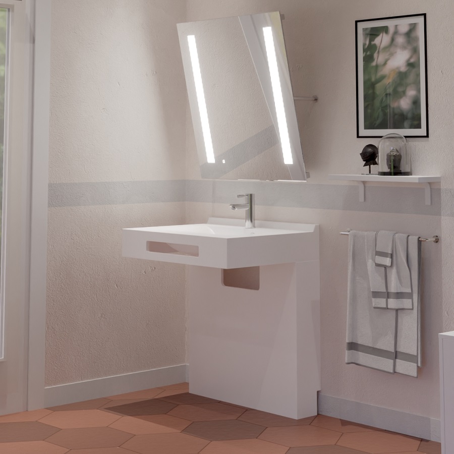 Ensemble de salle de bain adapté PMR collection LEA blanc brillant 70 cm de largeur composé d'un plan vasque suspendu avec support cache tuyaux blanc brillant et miroir inclinable