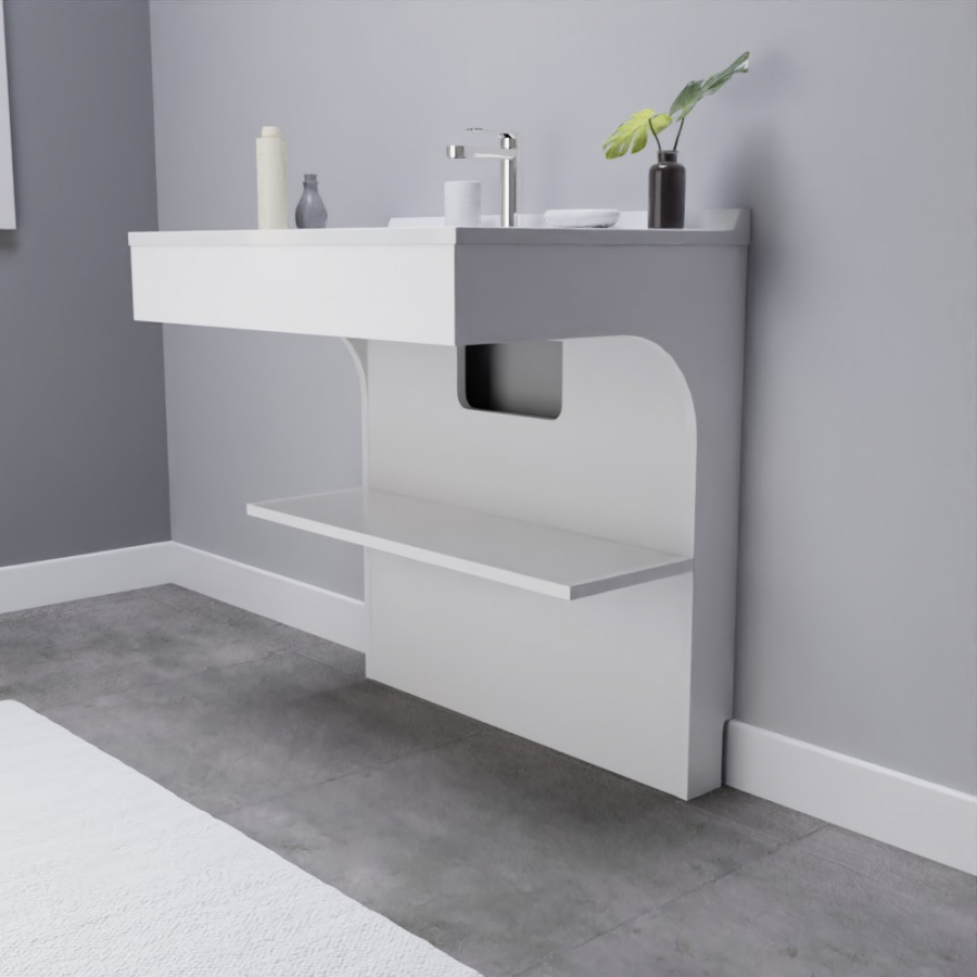 Exemple de présentation du meuble de salle de bain Epure 80 cm avec étagère de 80 cm de largeur en complément
