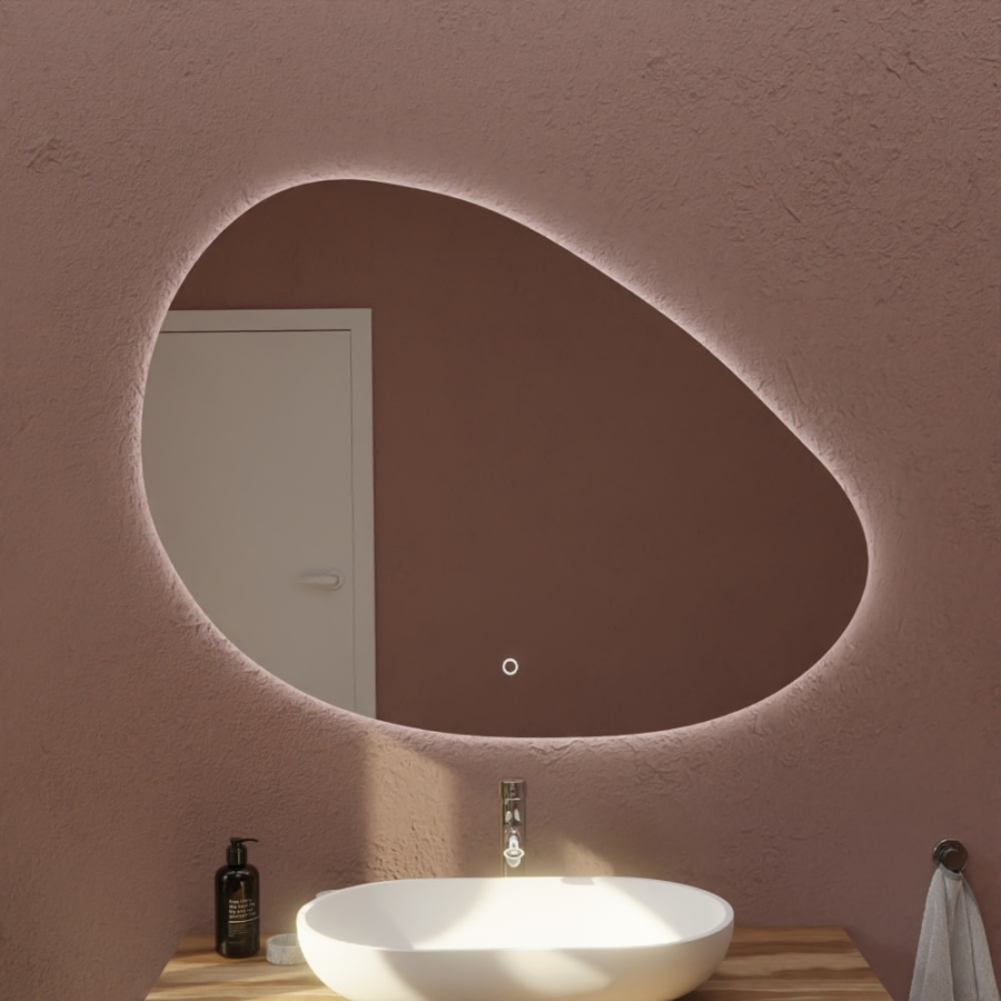 Miroir salle de bain avec éclairage LED forme galet asymétrique DROP 110 cm x 80 cm