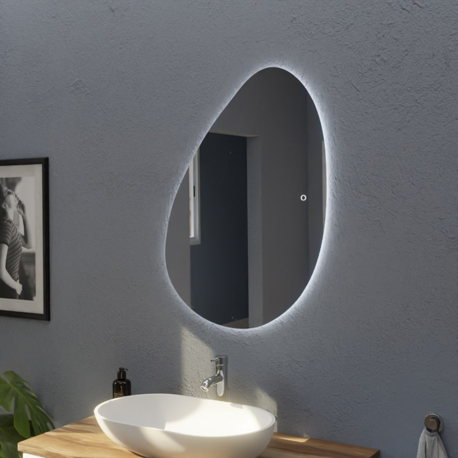 Miroir salle de bain avec éclairage LED forme galet asymétrique DROP 85 cm x 62 cm