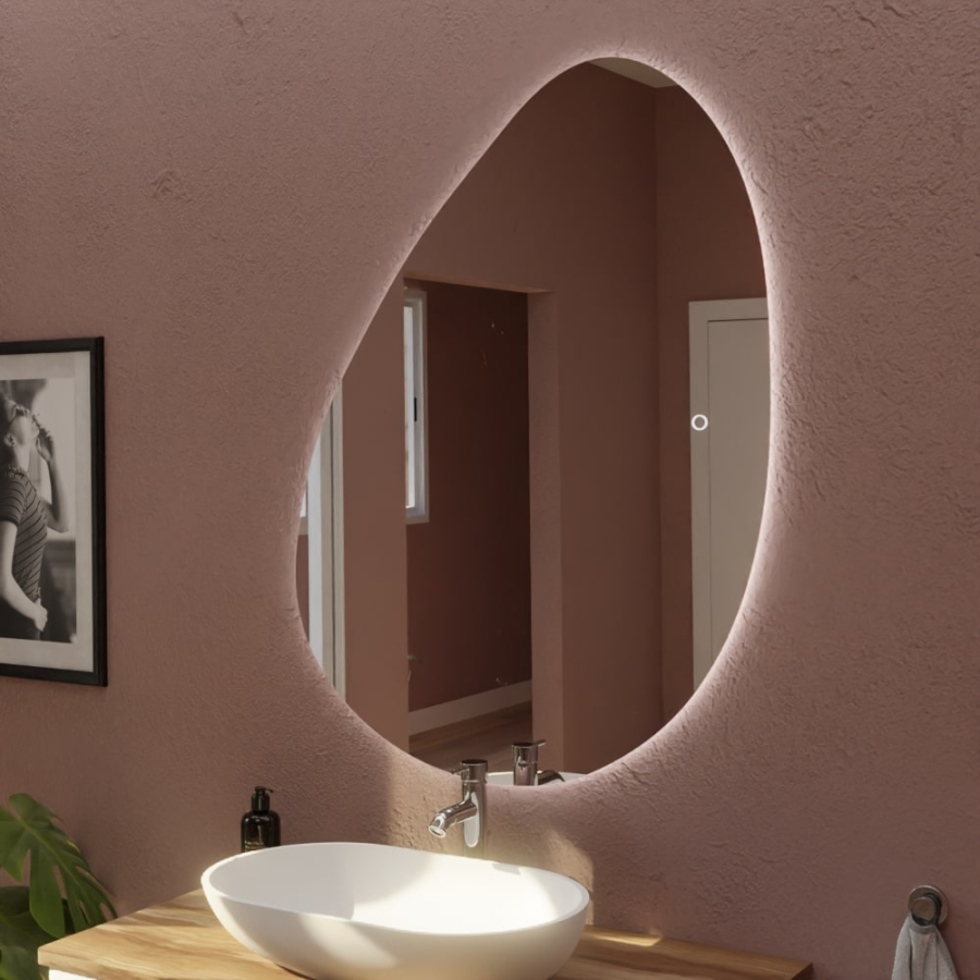 Miroir salle de bain avec éclairage LED forme galet asymétrique DROP 110 cm x 80 cm