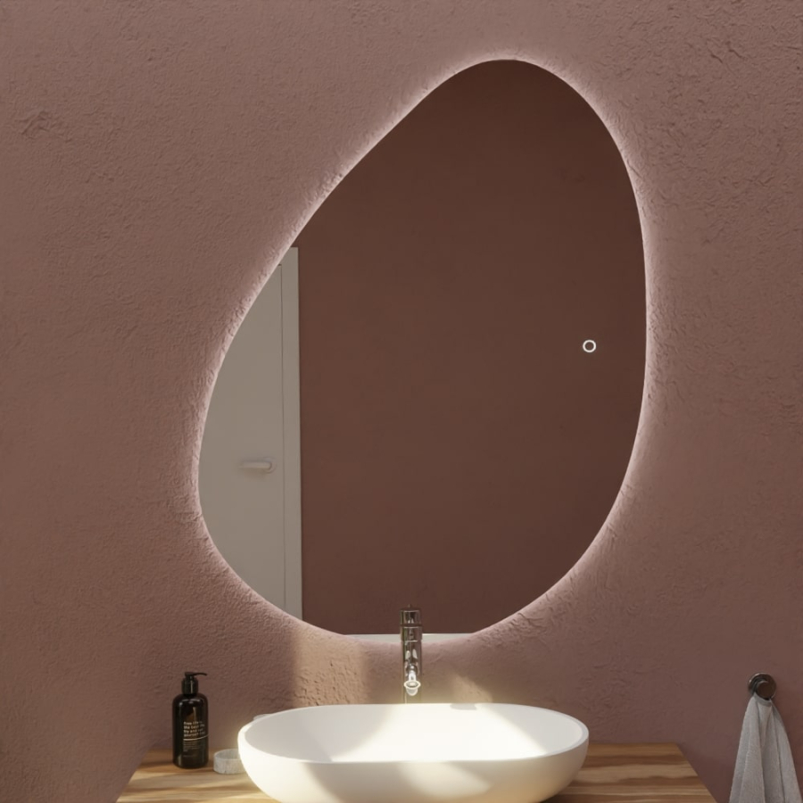 Miroir salle de bain avec éclairage LED forme galet asymétrique DROP 110 cm x 80 cm