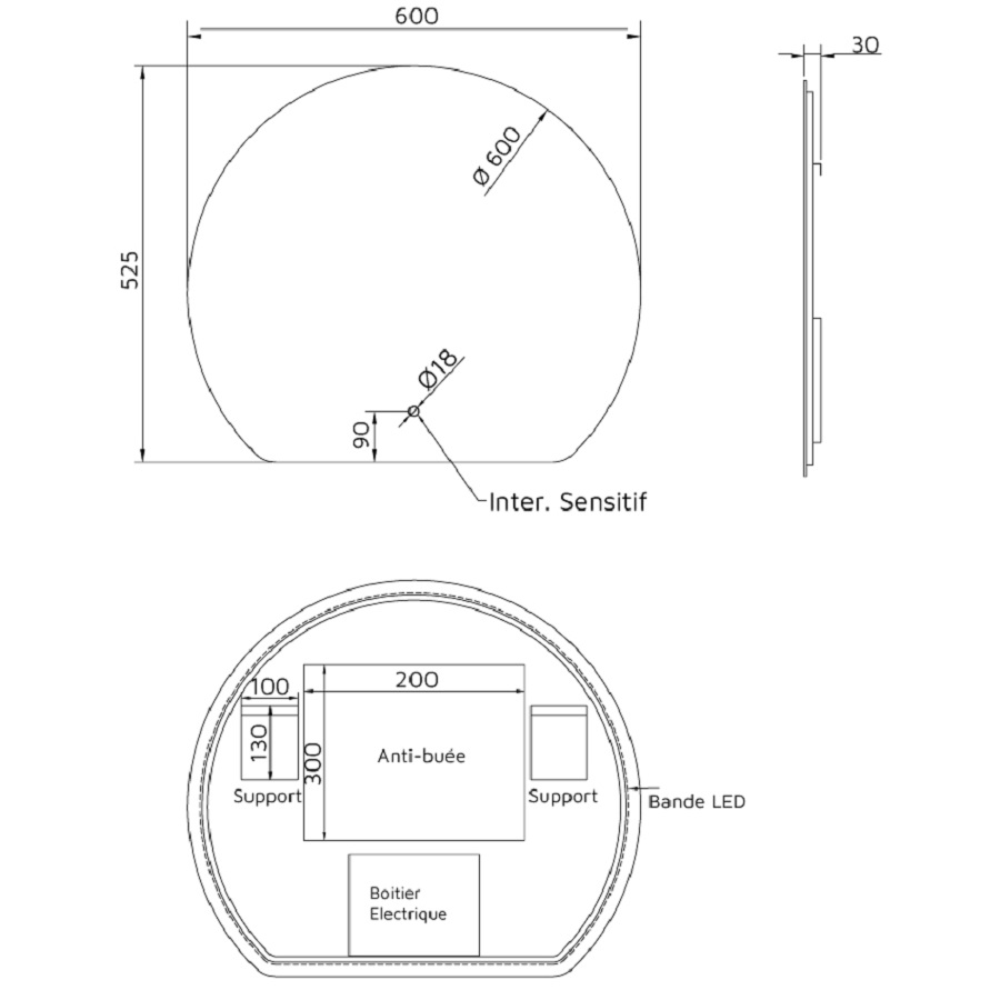 Miroir salle de bain LED ECLIPSE 60 cm x 52.5 cm forme demi-cercle découpé