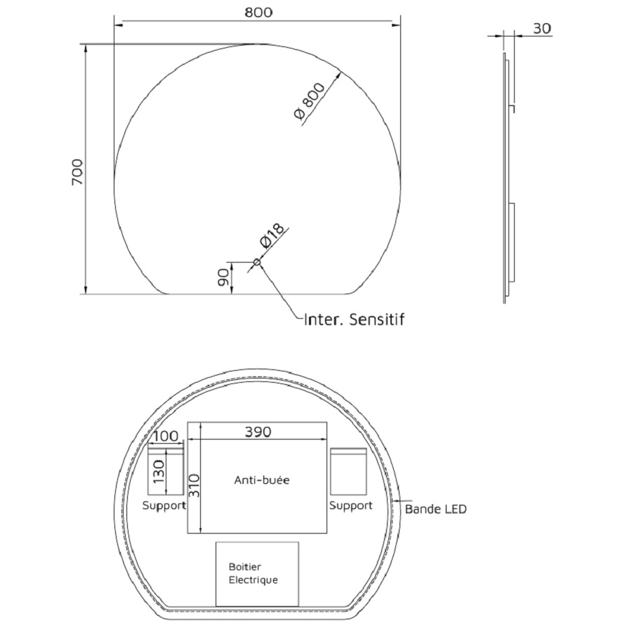 Miroir salle de bain LED ECLIPSE 80 cm x 70 cm forme demi-cercle découpé