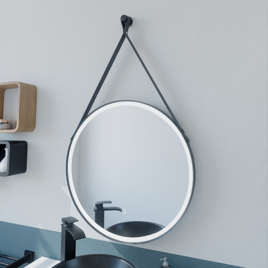 Miroir salle de bain LED RING 60 cm forme ronde 60 cm avec cadre noir et lanière cuir noir