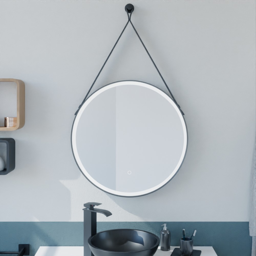 Miroir salle de bain LED RING 60 cm forme ronde 60 cm avec cadre noir et lanière cuir noir