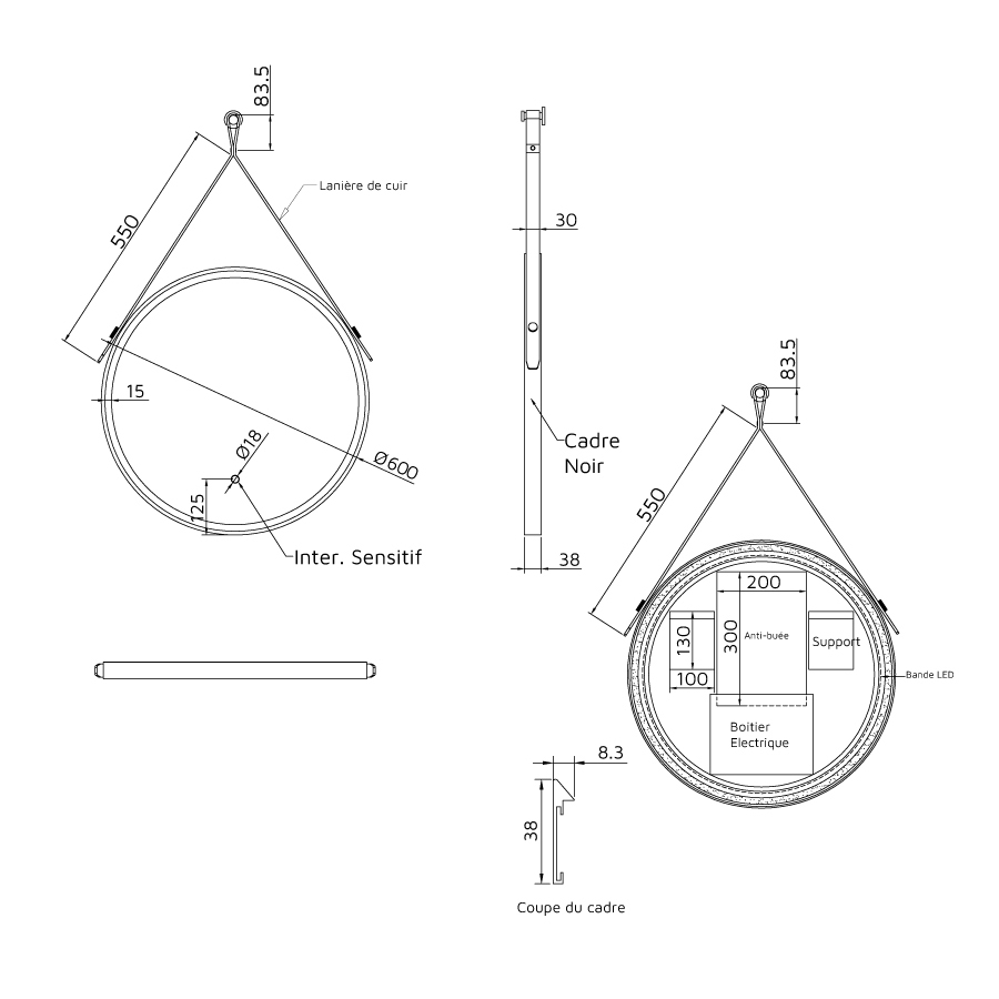 Miroir salle de bain LED RING 60 cm forme ronde 60 cm avec cadre noir et lanière cuir noir