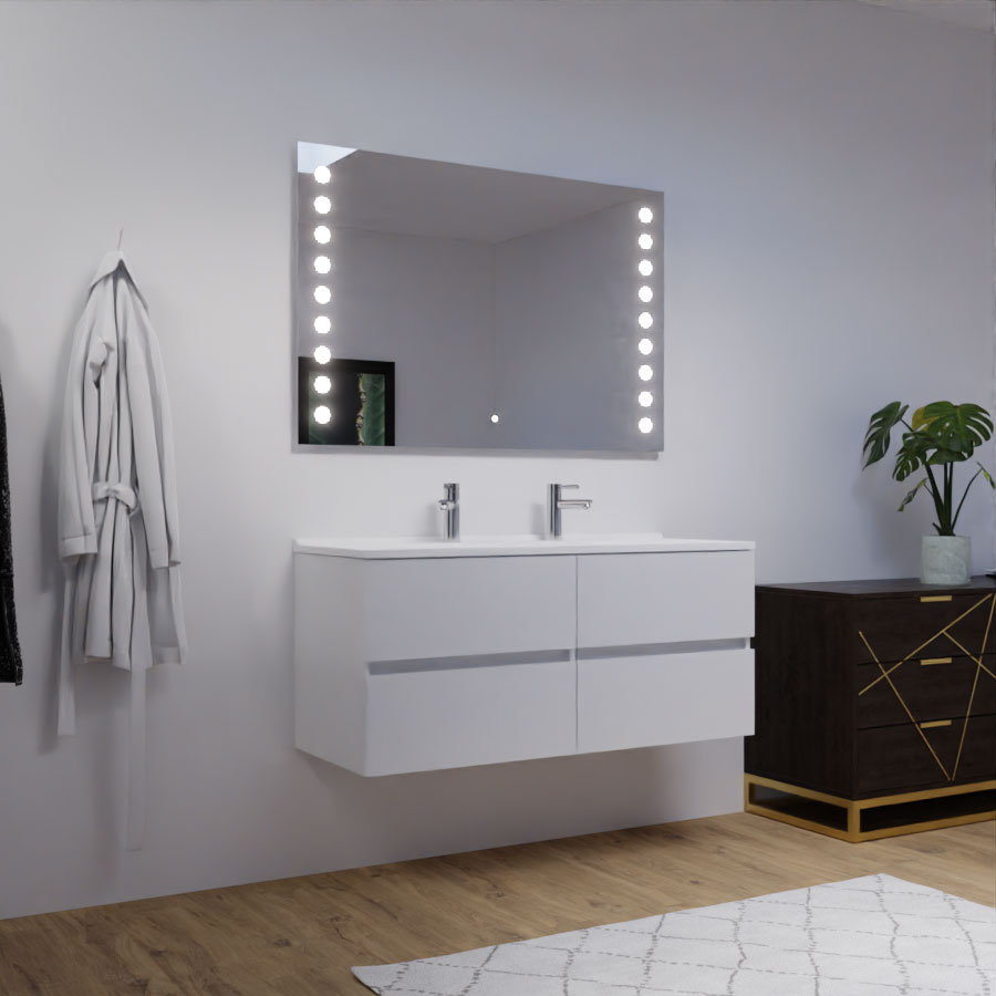 Miroir de salle de bain avec bandeau LED STARLED. Présenté avec un meuble double vasque 120 cm 