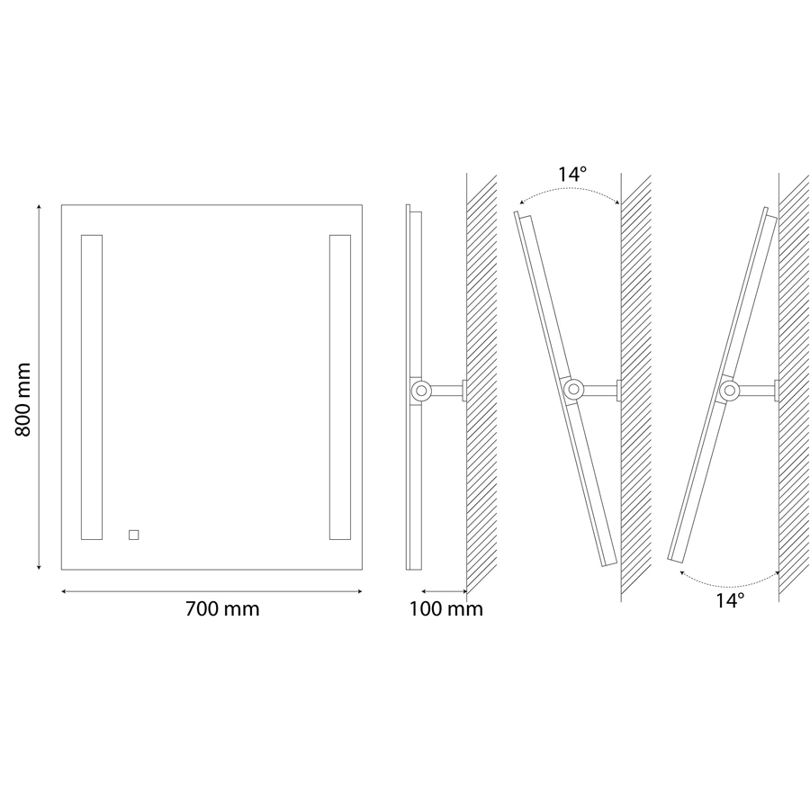 Schéma miroir lumineux inclinable ROTARY avec interrupteur sensitif 70 cm