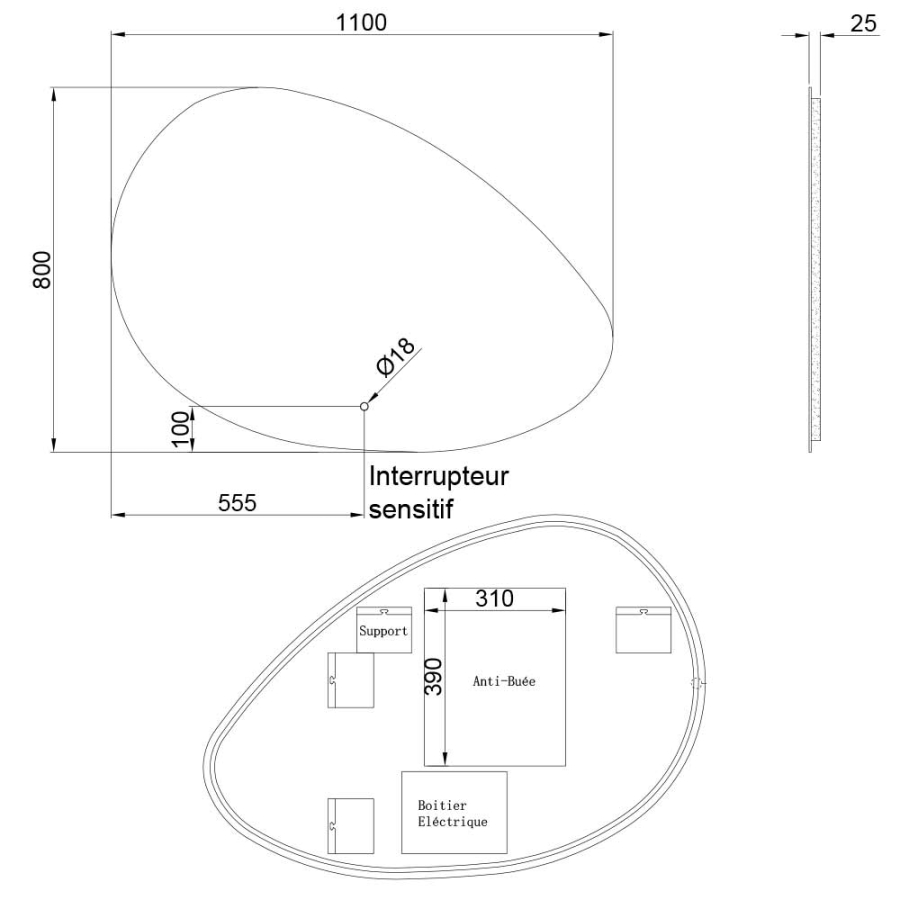 Miroir salle de bain avec éclairage LED forme galet asymétrique DROP 110 cm x 80 cm