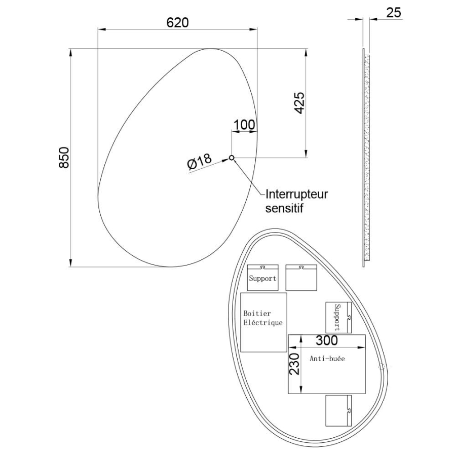 Miroir salle de bain avec éclairage LED forme galet asymétrique DROP 85 cm x 62 cm