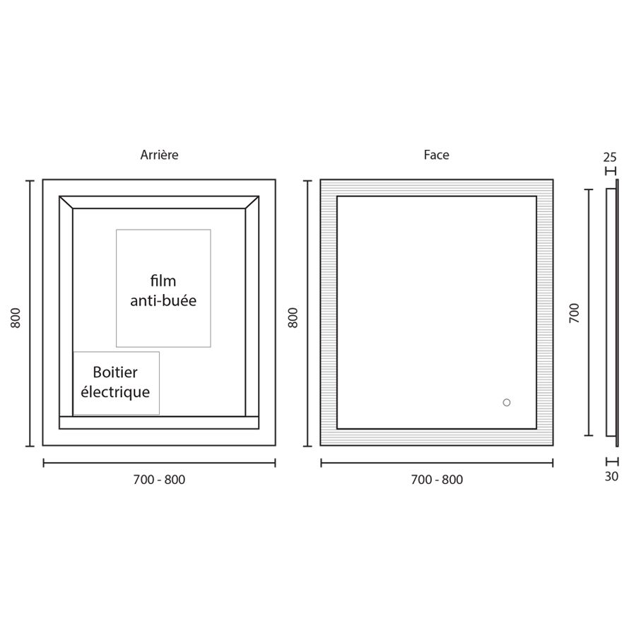 Miroir anti-buée EXCELLENCE 70x80 cm - Eclairage LED - Loupe et heure