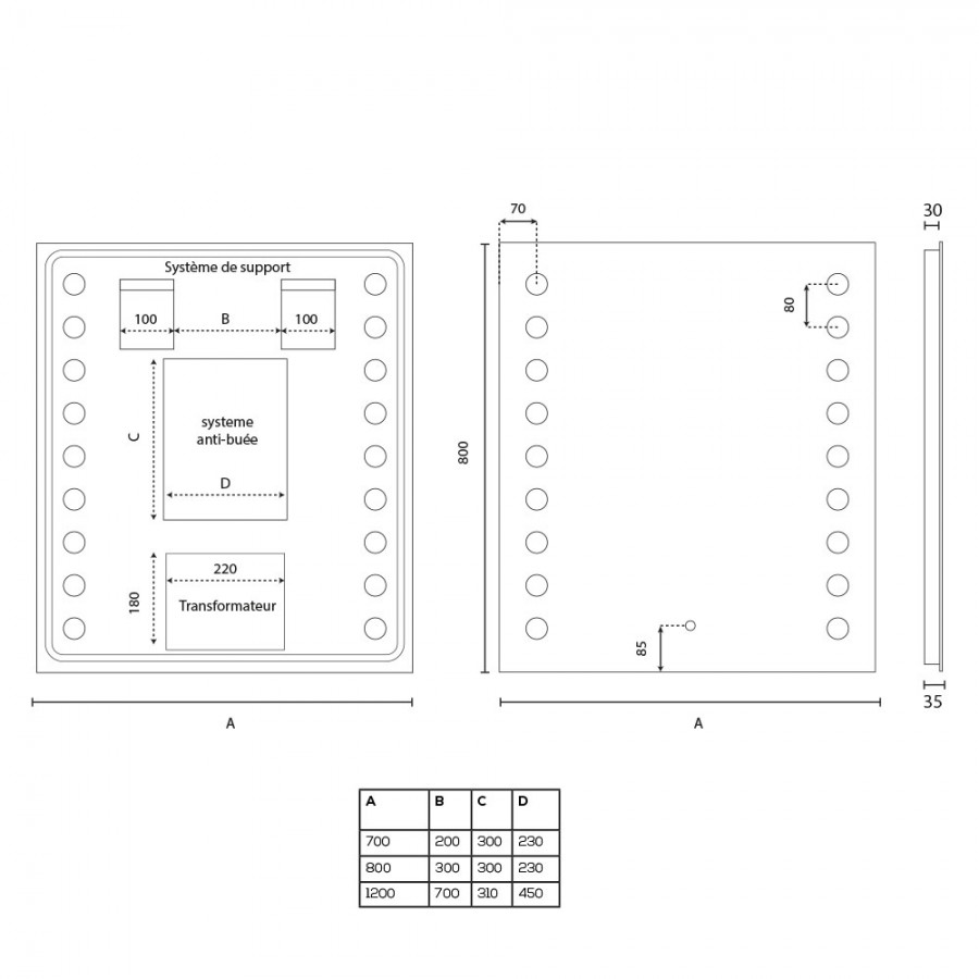 Miroir avec éclairage LED intégré 70 cm x 80 cm STARLED Schéma