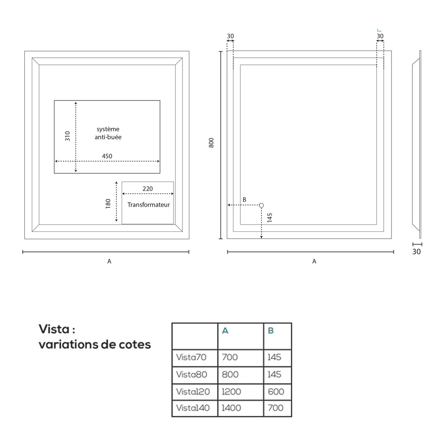 Miroir de salle de bain avec cadre LED intégré et interrupteur sensitif VISTA 140 cm x 80 cm