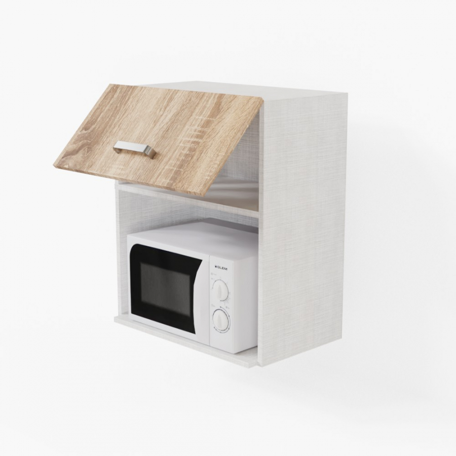 Meuble pour micro-ondes 60 cm aspect bois présenté avec un micro-ondes blanc