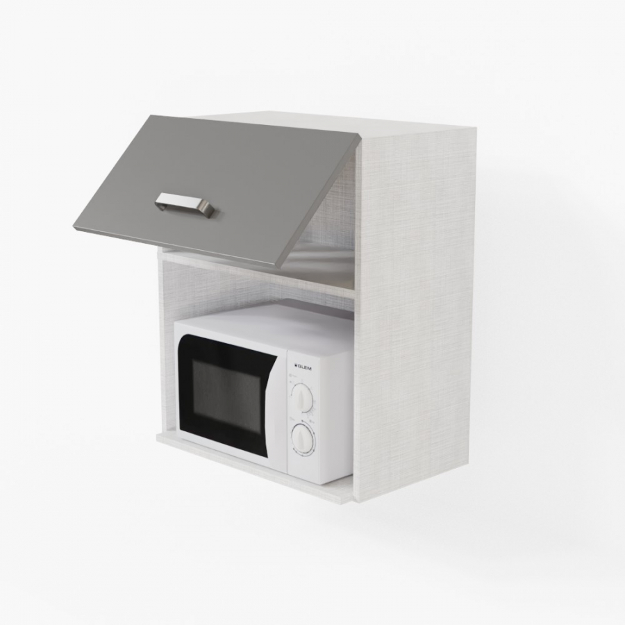 Meuble pour micro-ondes 60 cm gris macadam présenté avec un micro onde blanc vue de coté avec porte relevable ouverte