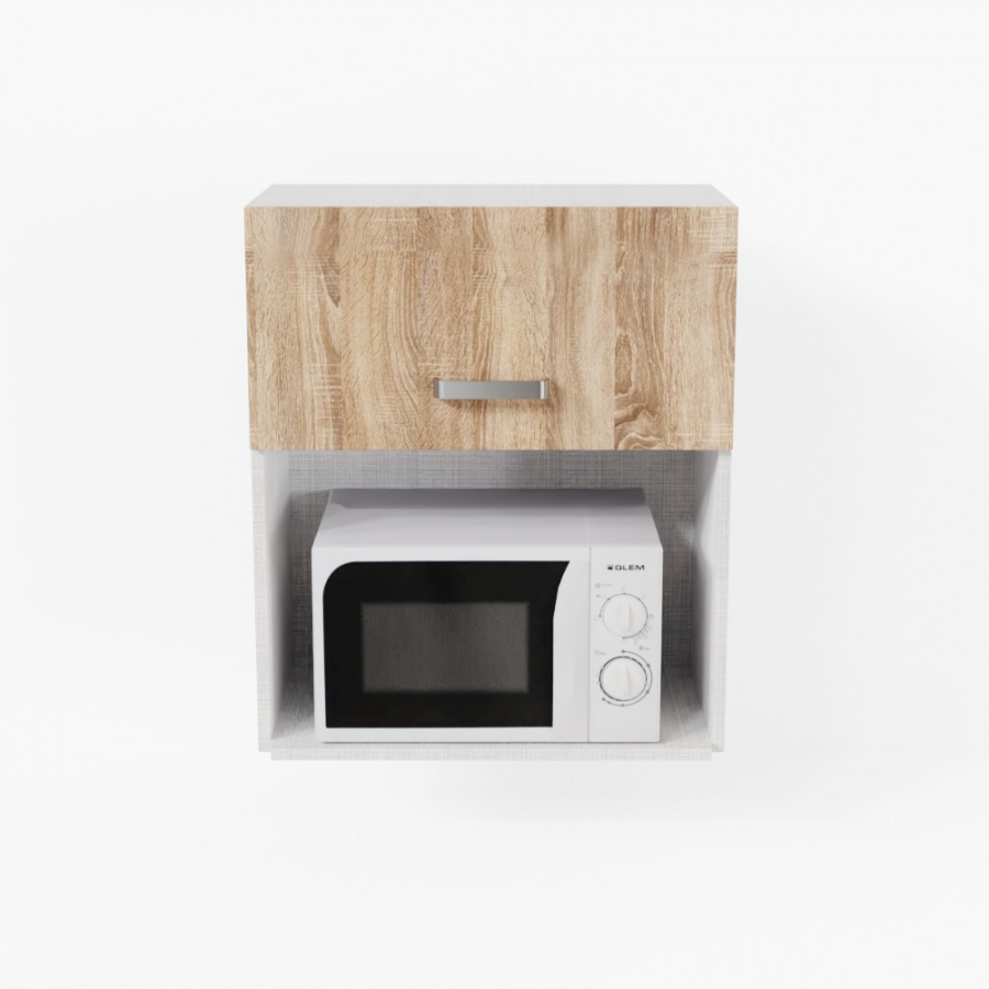 Meuble pour micro-ondes 60 cm aspect bois présenté avec un micro-ondes blanc