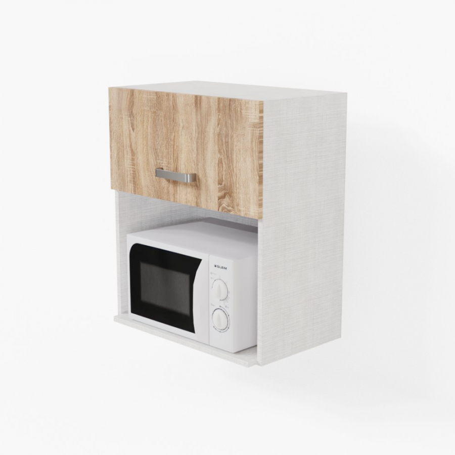 Meuble pour micro-ondes 60 cm aspect bois présenté avec un micro-ondes blanc