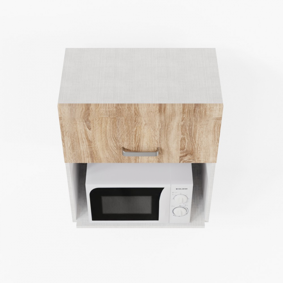 Meuble pour micro-ondes 60 cm aspect bois présenté avec un micro-ondes blanc
