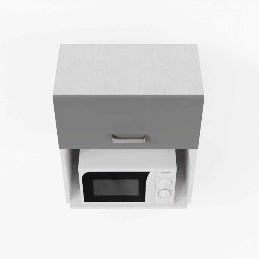 Meuble pour micro-ondes 60 cm gris macadam présenté avec un micro onde blanc vue de dessus