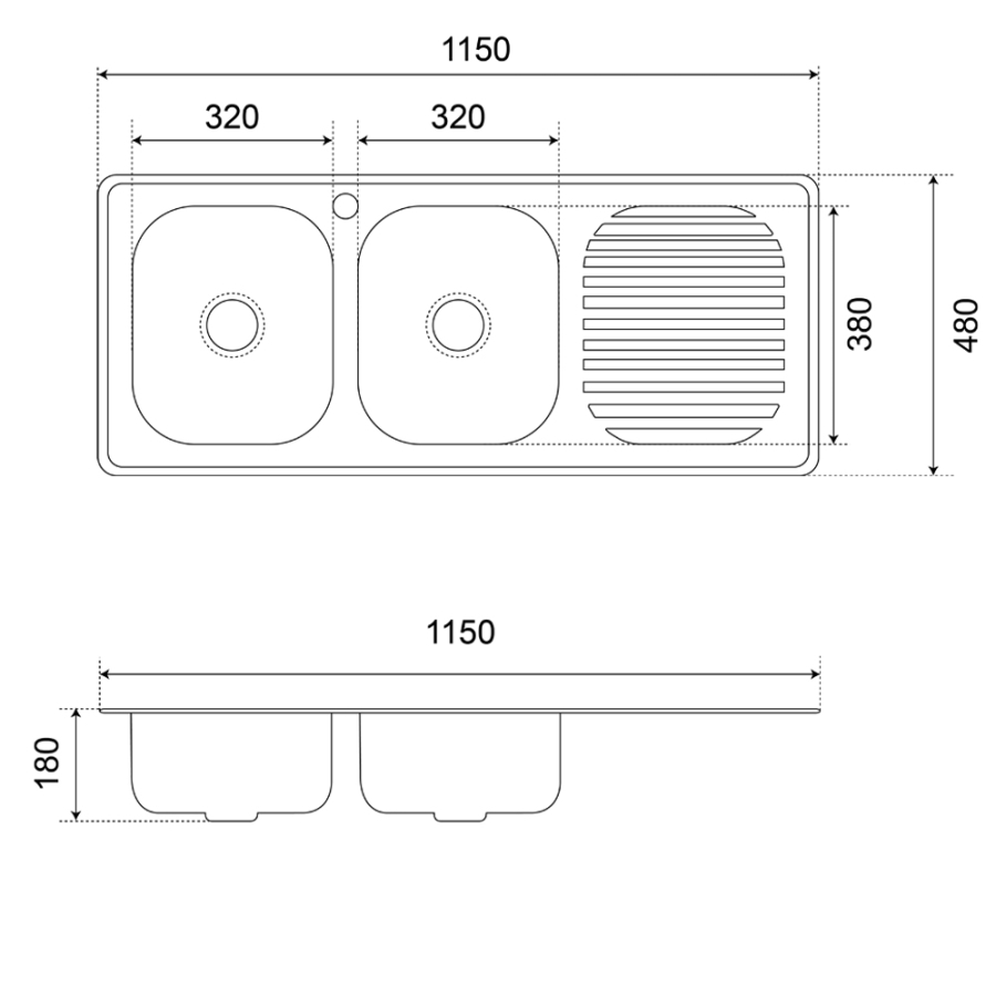 Evier de cuisine en inox 2 bacs avec égouttoir 116 cm x 48 cm EVINOX