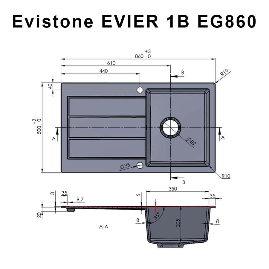 Evier de cuisine avec égouttoir en résine et quartz 86 cm x 50 cm EVISTONE NERO 