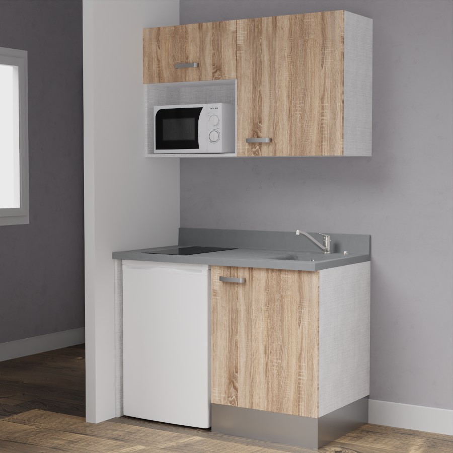 Kitchenette 120 cm modèle K07 couleur Bardolino aspect bois et plan de travail monobloc en quartz évier à droite gris cromo