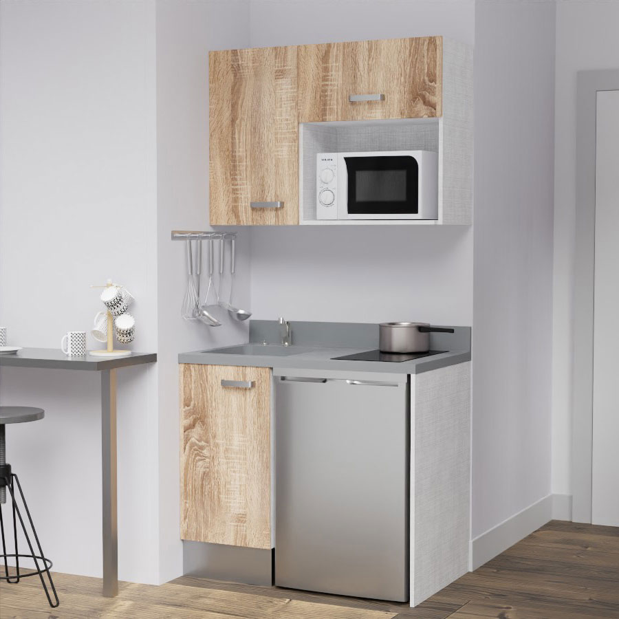 K00L : Kitchenette 100 cm Chêne, plan de travail monobloc évier à gauche Cromo