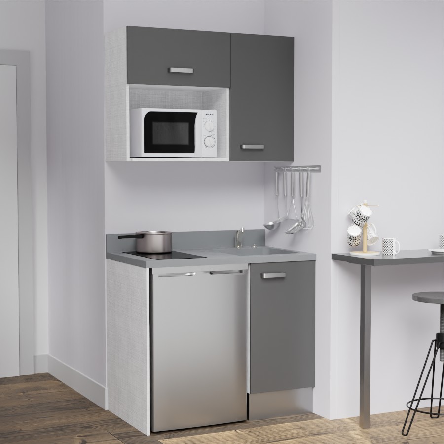 K00L : Kitchenette 100 cm Gris, plan de travail monobloc évier à droite Cromo