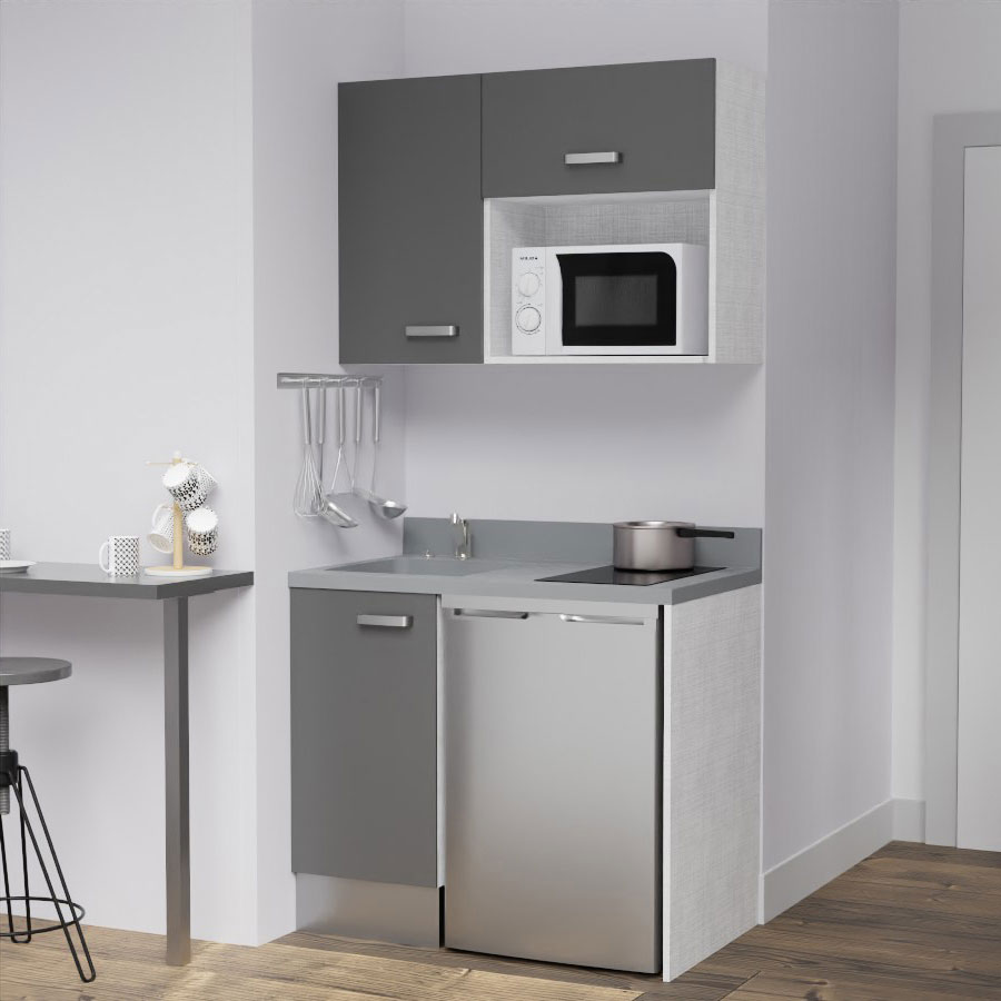 K00L : Kitchenette 100 cm Gris, plan de travail monobloc évier à gauche Cromo