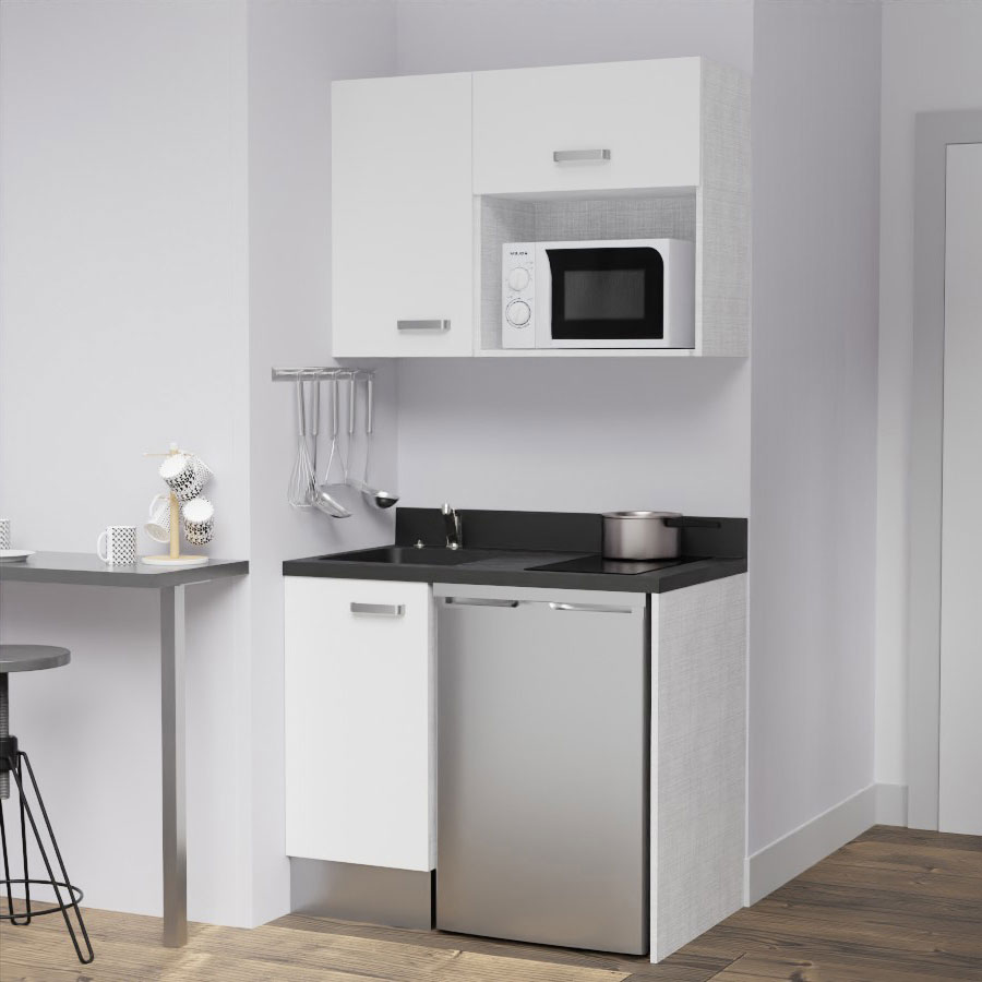 K00L : Kitchenette 100 cm Blanc, plan de travail monobloc évier à gauche Nero