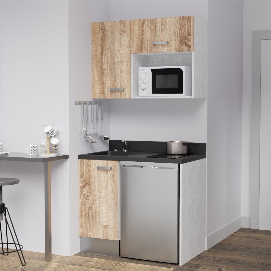 K00L : Kitchenette 100 cm Chêne, plan de travail monobloc évier à gauche Nero