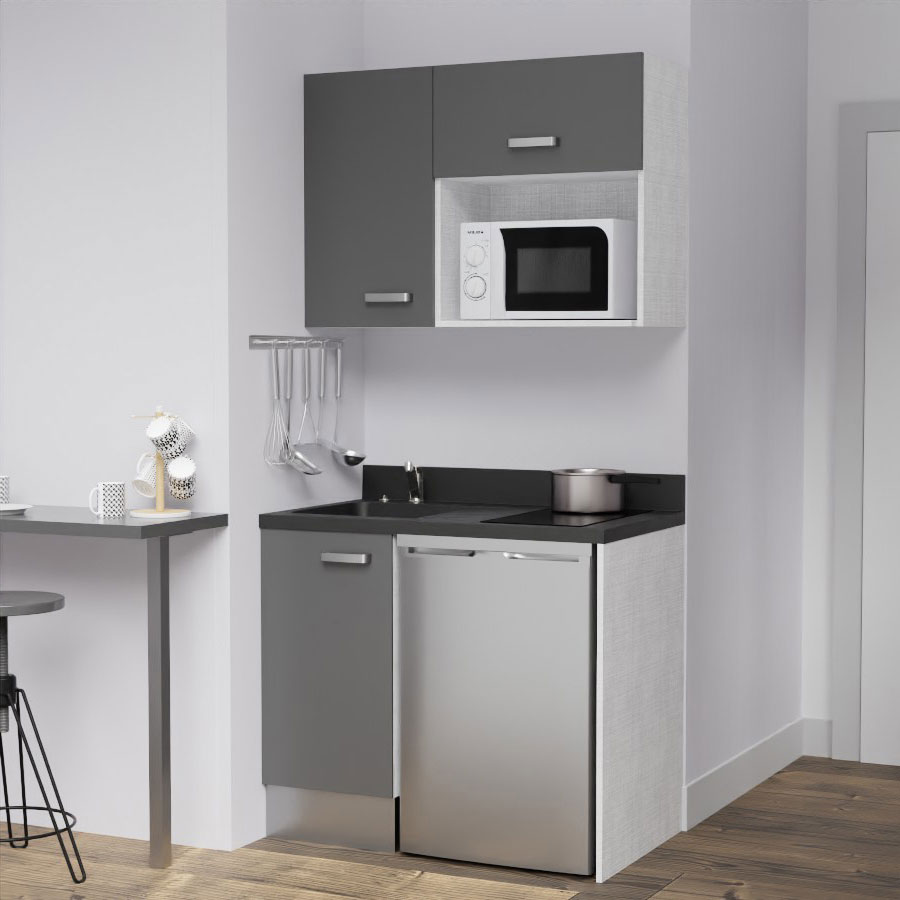 K00L : Kitchenette 100 cm Gris, plan de travail monobloc évier à gauche Nero