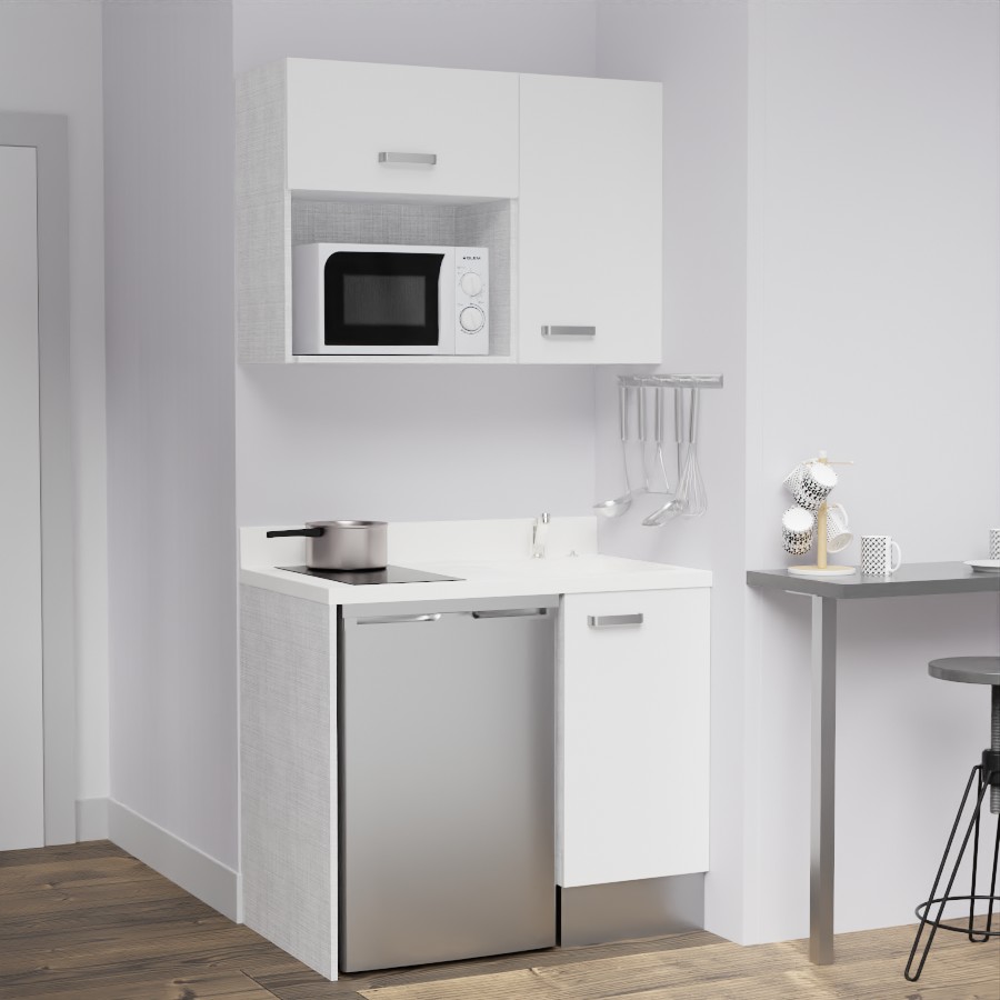 K00L : Kitchenette 100 cm Blanc, plan de travail monobloc évier à droite Snova