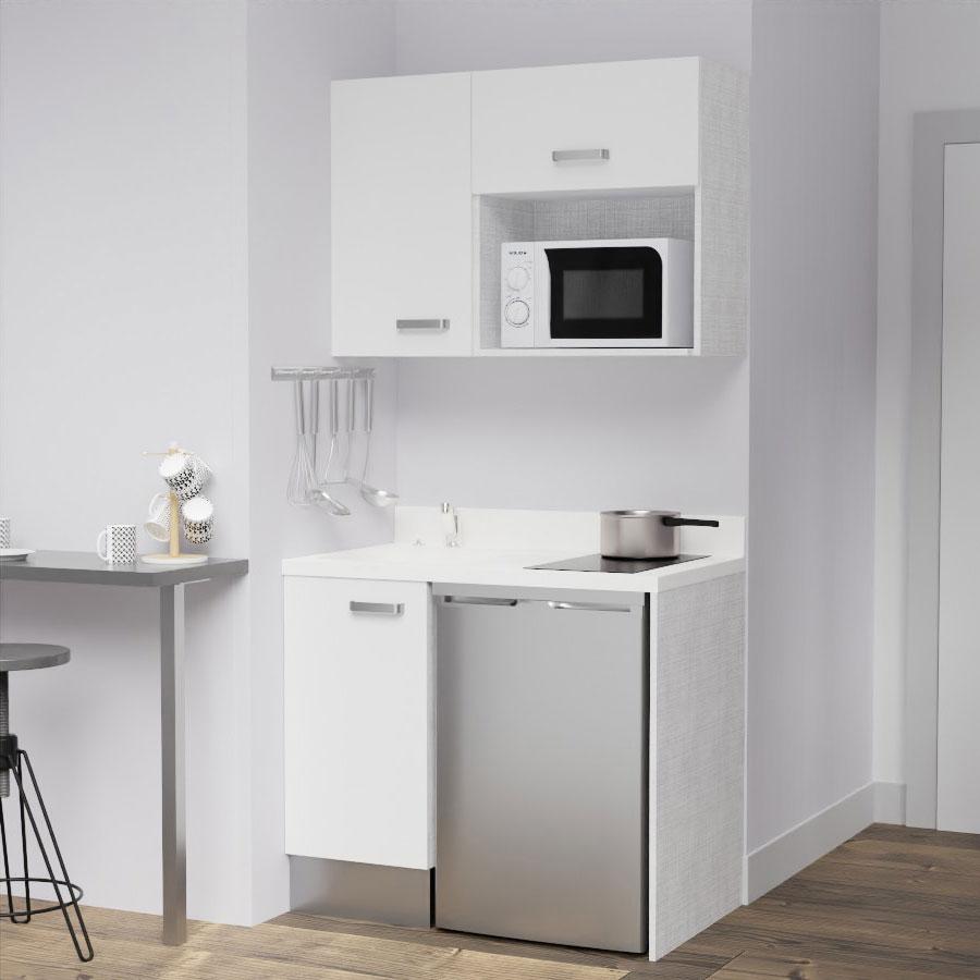 K00L : Kitchenette 100 cm Blanc, plan de travail monobloc évier à gauche Snova