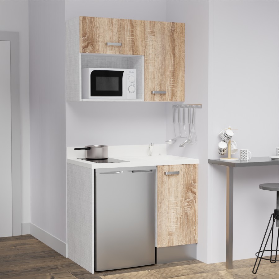 K00L : Kitchenette 100 cm Chêne, plan de travail monobloc évier à droite Snova