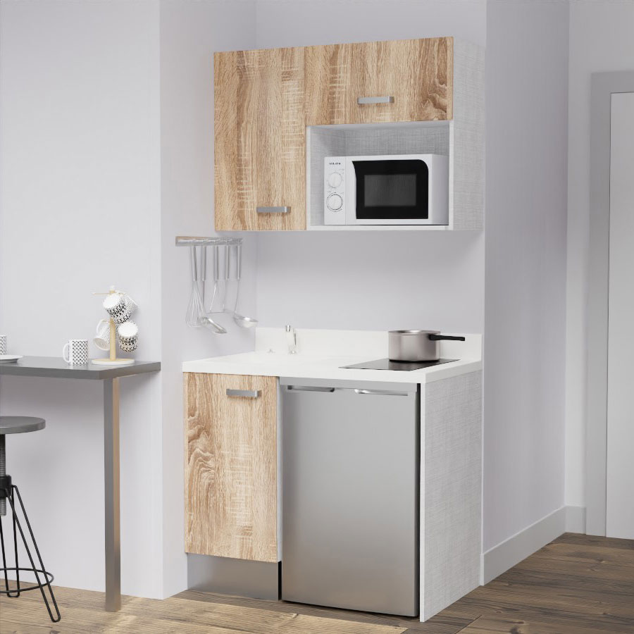 K00L : Kitchenette 100 cm Chêne, plan de travail monobloc évier à gauche Snova