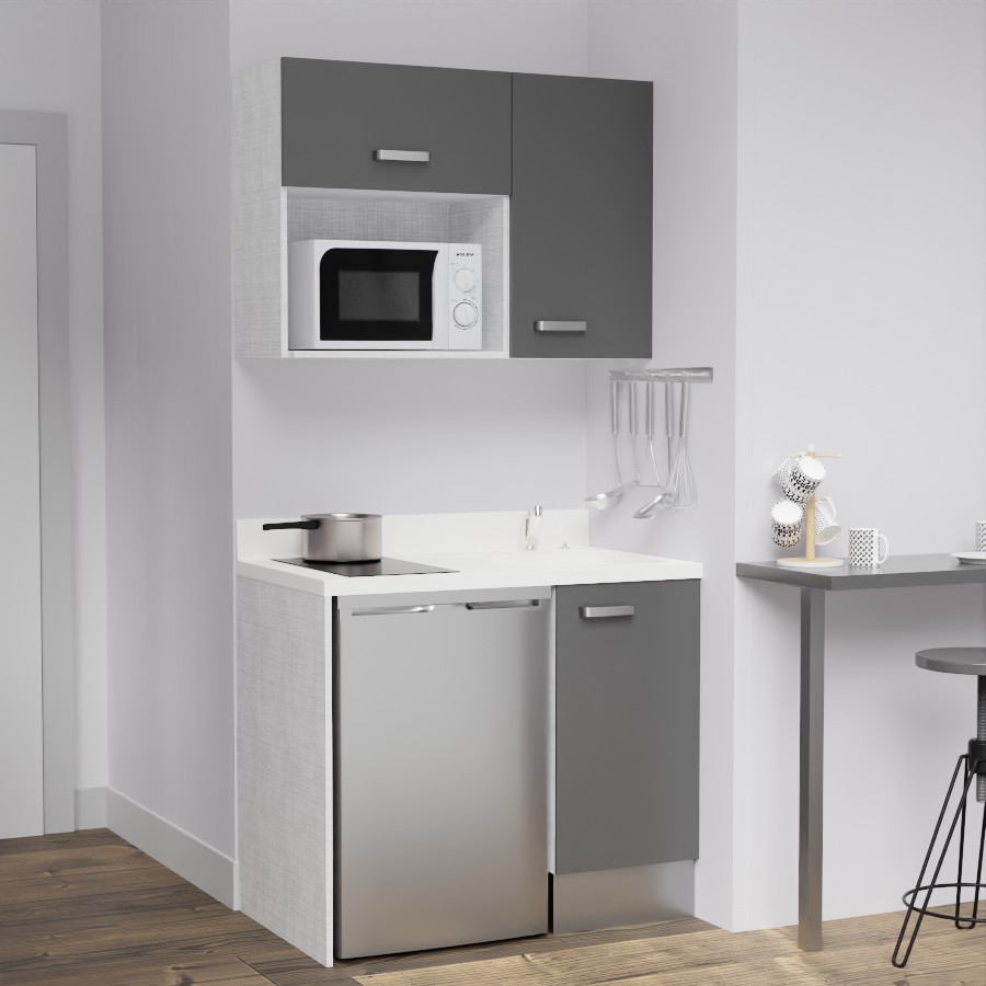 K00L : Kitchenette 100 cm Gris, plan de travail monobloc évier à droite Snova